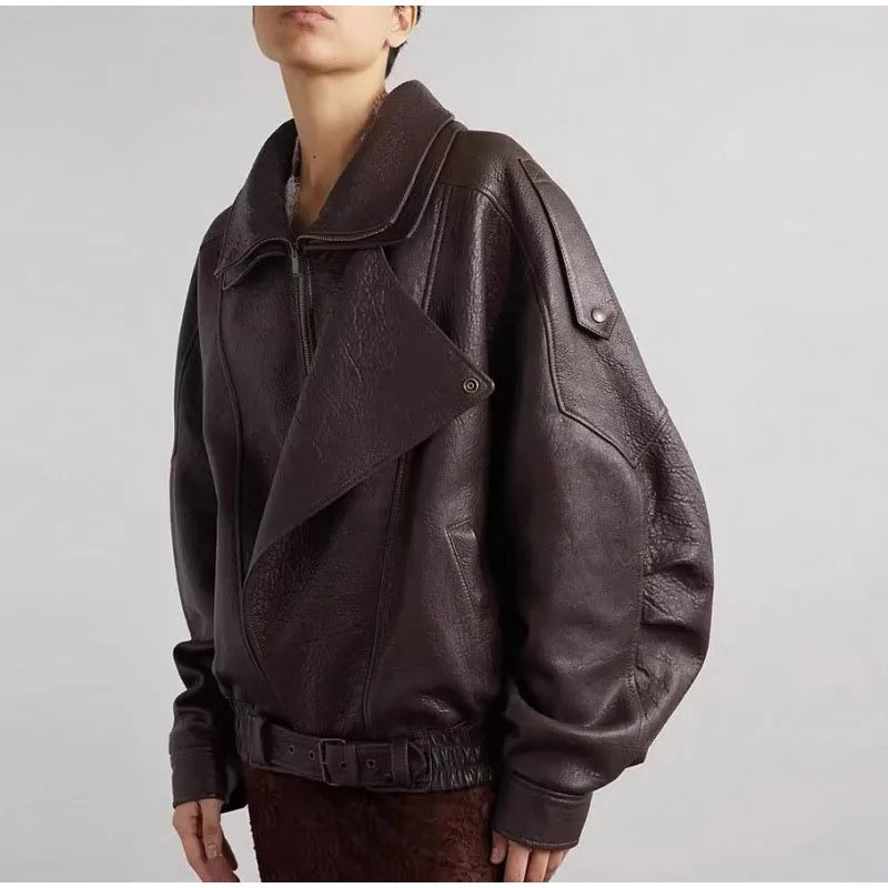 Street Lapel Zipper Leather Jacket Woman