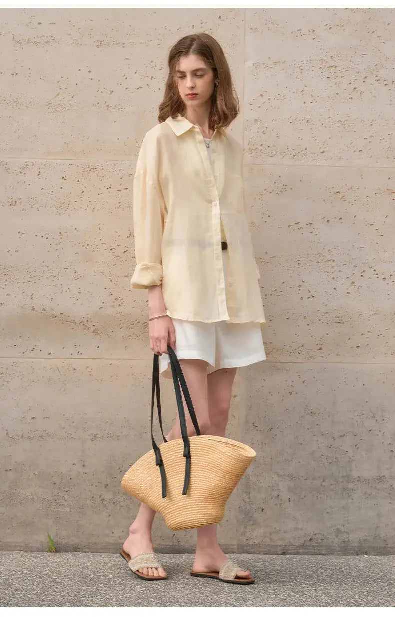 Women’s Lapel Long-Sleeved White Casual Loose Blouse