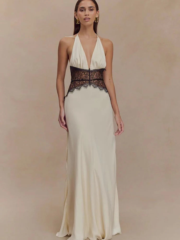 Patchwork Deep V-neck Lace Halter Women Maxi Dress - Norellé