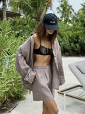 Women's Casual Shorts Sets 100% Cotton Solid Color Cozy Lapel - Norellé