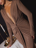 Glitter Deep V Neck Maxi Dress For Women Elegant Sparkle - Norellé