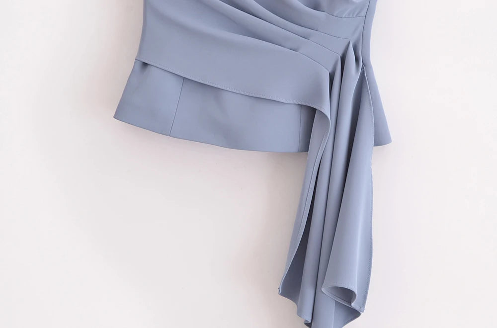 Women Fashion Draped Bustier Tops And High Waist Side Pockets Flared Pants