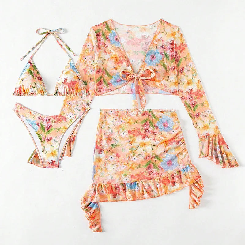 Print Bikini Sets High Waist With Beach Skirt Long Sleeve Crop Top Swimwear - Norellé