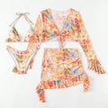 Print Bikini Sets High Waist With Beach Skirt Long Sleeve Crop Top Swimwear - Norellé
