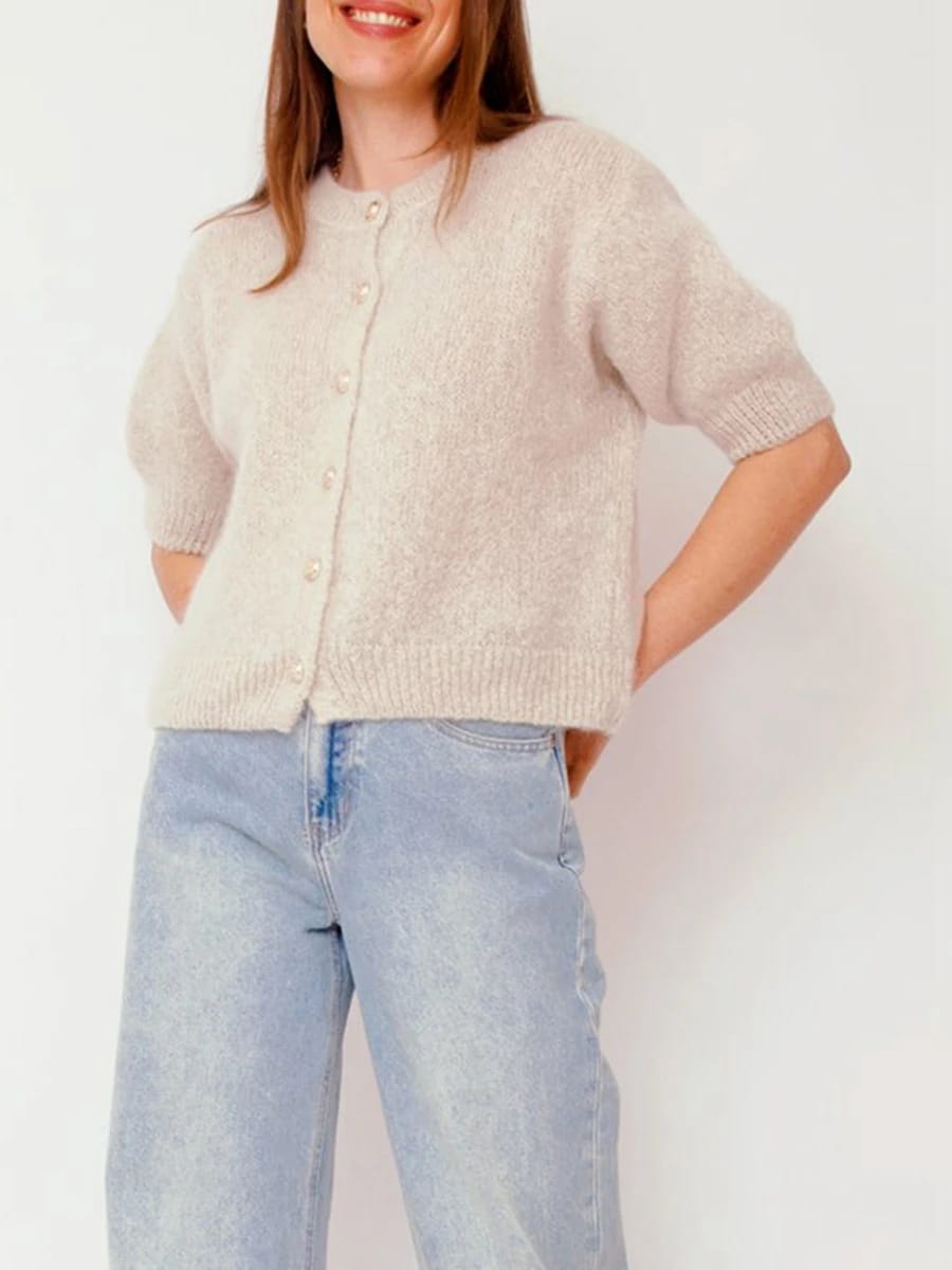 Women Knitted Crop Cardigan Shirt Short Sleeve Button Down Ribbed Knit