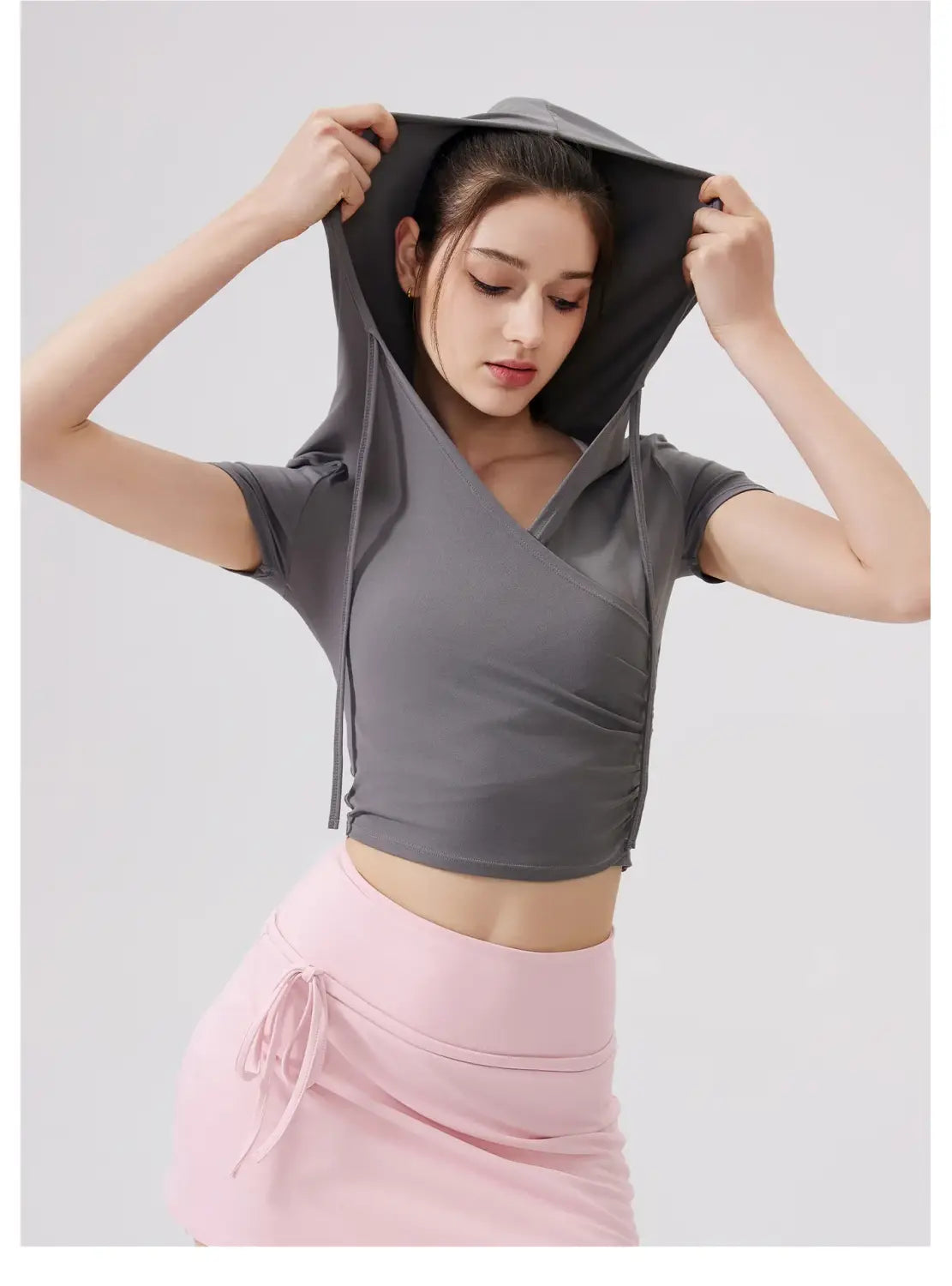 Women Yoga Half Sleeve Cool Feeling Solid Color Hoodie T-shirt