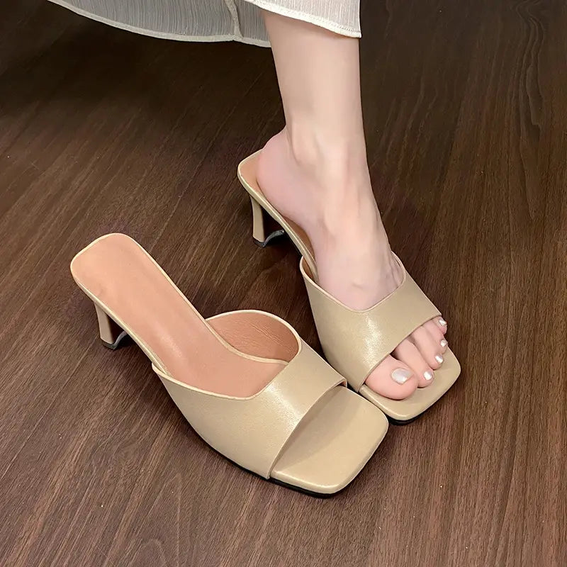 Women Heeled Mules Sandals Soft Leather