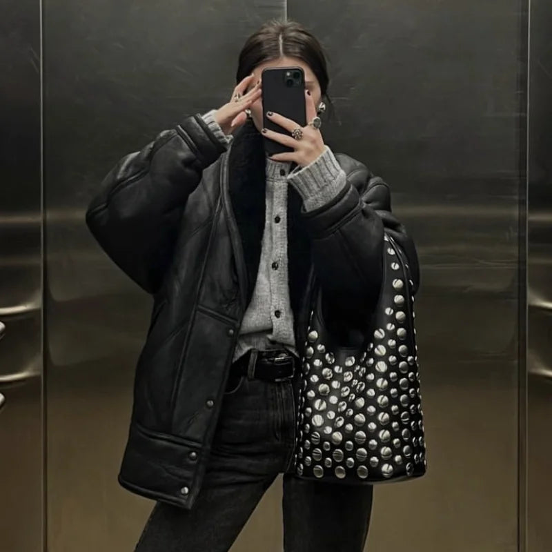 Punk Style Embellished Double-Faced Round Niche Bucket Bag