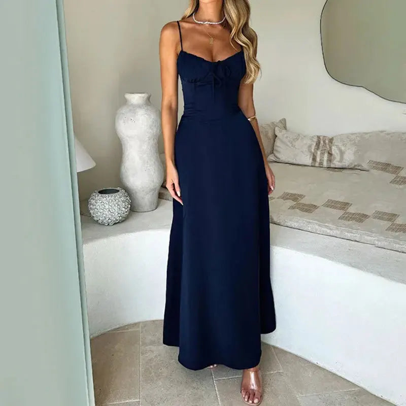 Solid Color Slip Dress Lace-up  Elegant  A-line Long Dress - Norellé