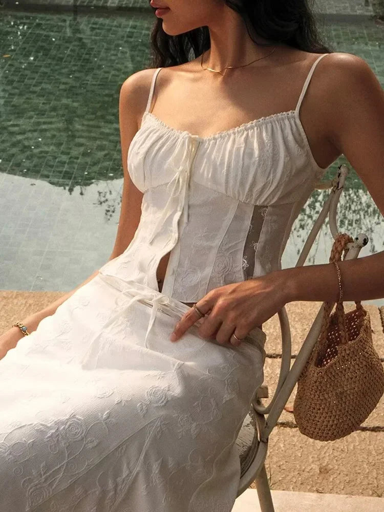 White Dress Set Women 2pcs Matching Set Skirt Spaghetti Strap Top - Norellé