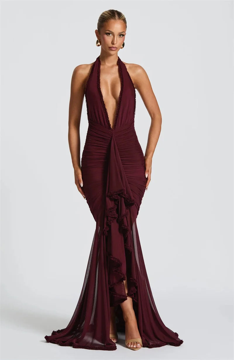 Elegant Halter Deep V Neck Maxi Dress Women