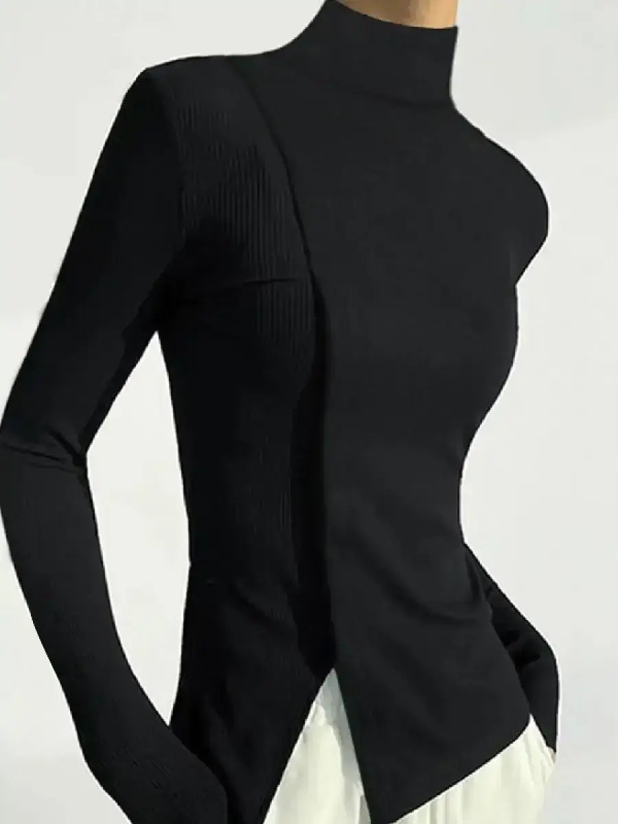 Women Long Sleeve Split-Joint High Neck T-Shirts