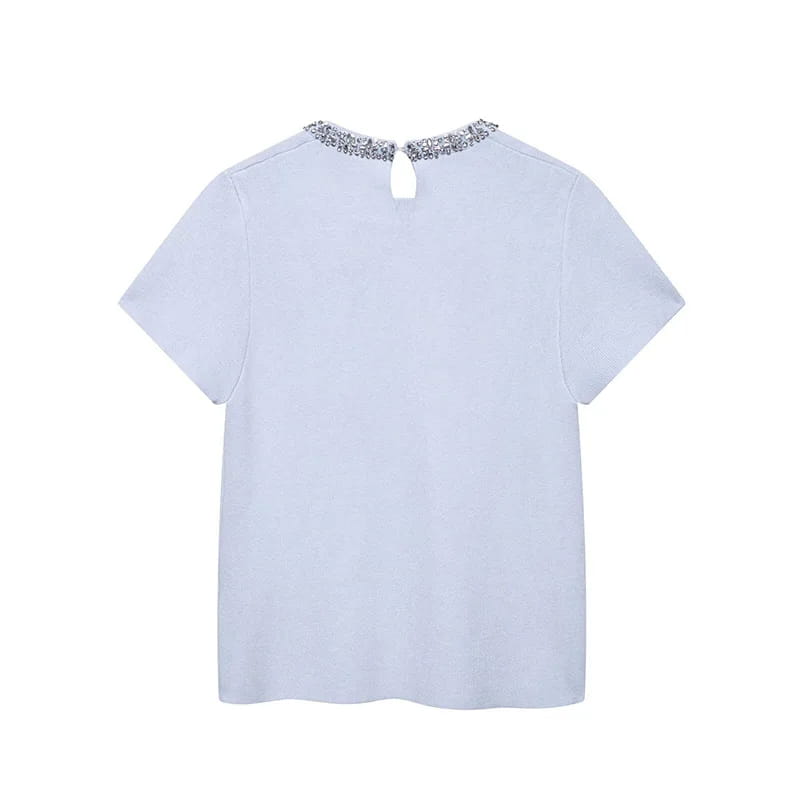 Women Fashion With Pearls Blue Knitted Pullover Sweater Vintage O-Neck Short Sleeves