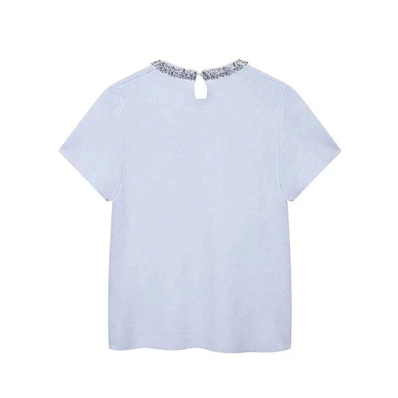 Women Fashion With Pearls Blue Knitted Pullover Sweater Vintage O-Neck Short Sleeves