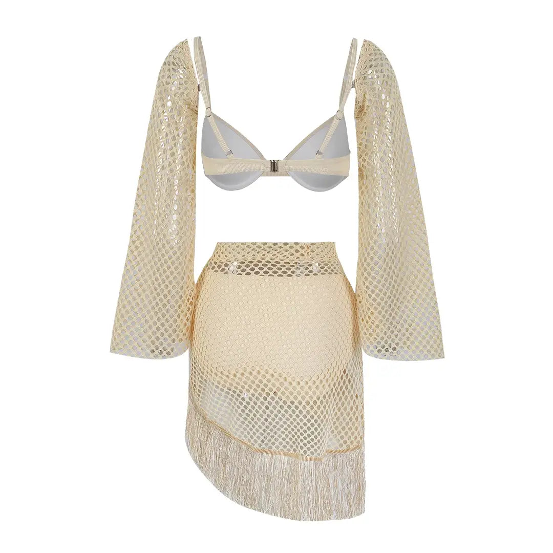 Women Long Sleeve Mini Skirt Suit 3 Piece Set Bathing