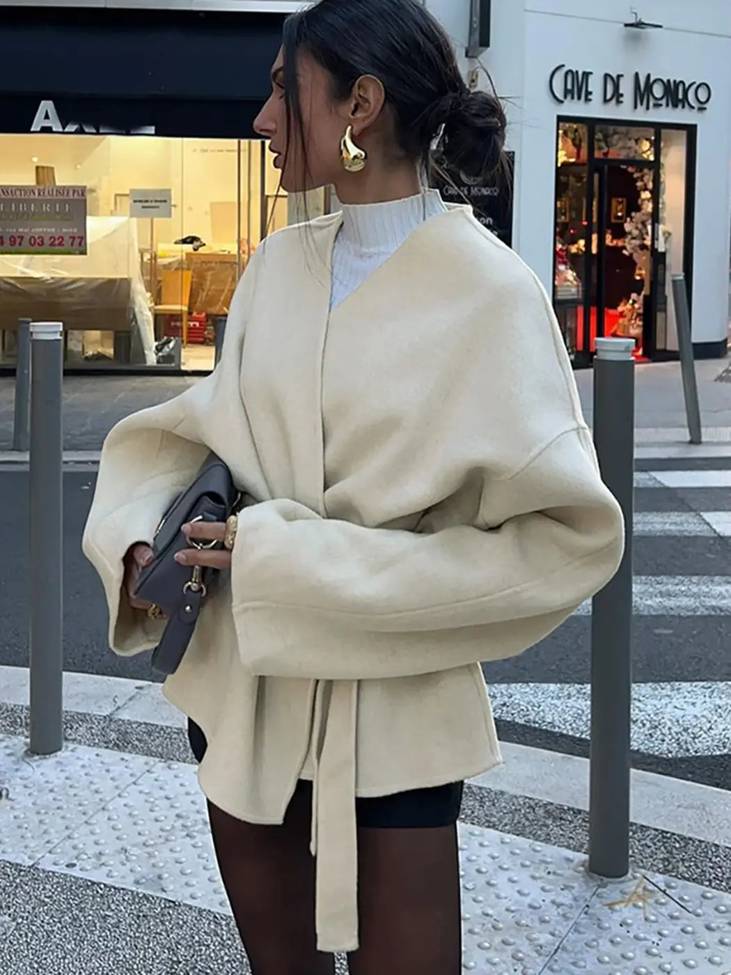 Elegant Belt Lace Up Woolen Jacket For Women