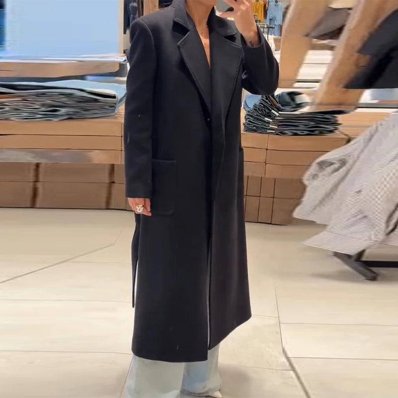 Women’s Overcoat Turn-down Collar Full Sleeve Belt Lace Up Black Long