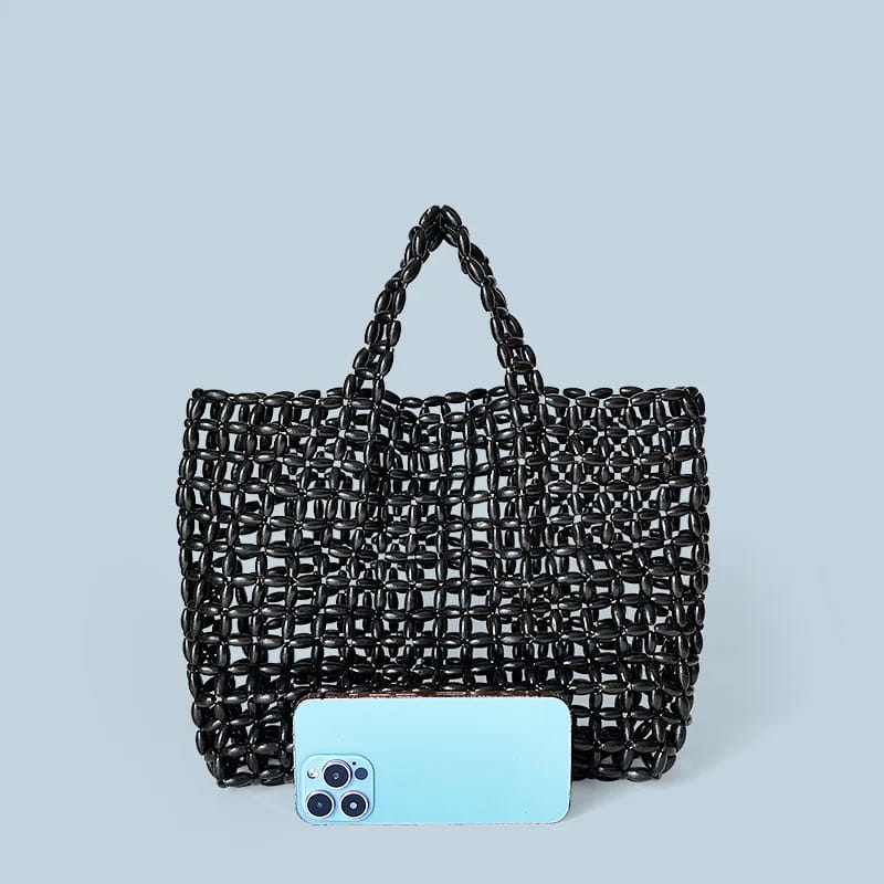 Summer Women’s Handwoven Totes Beach Holiday Hollowed-Out Wooden Beaded Bag