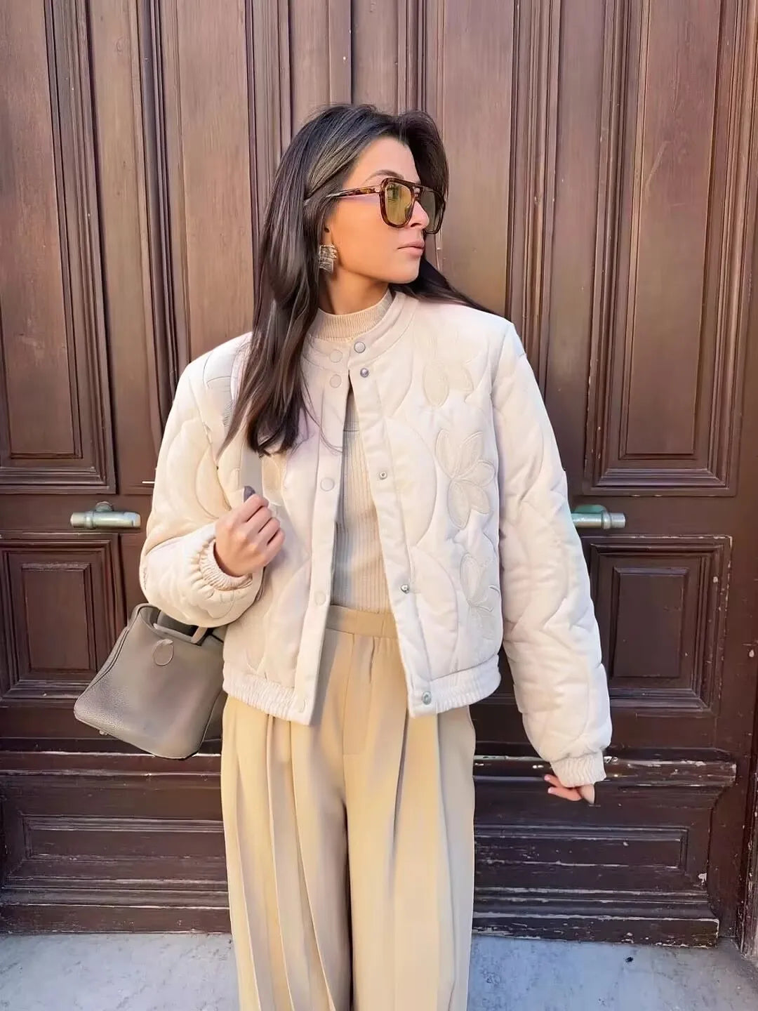 Women Floral Embroidery Quilted Jacket Coat