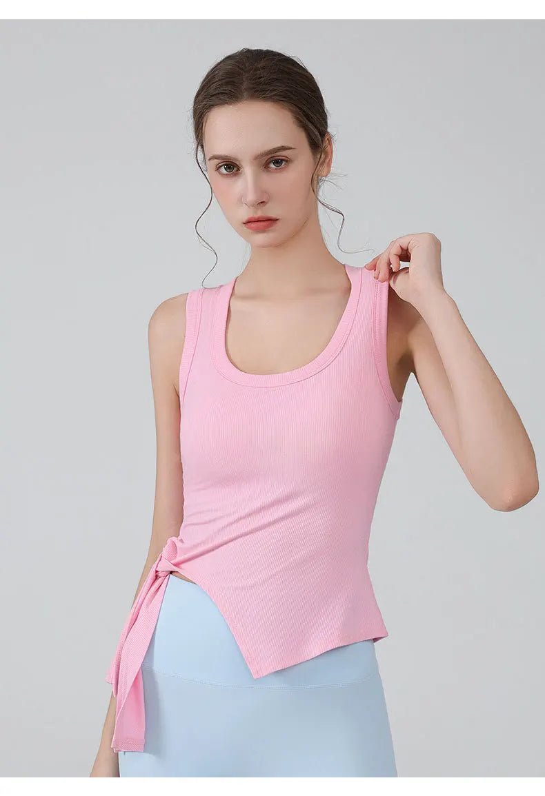Women Yoga Solid Color Side Slit Bandage Tank Top