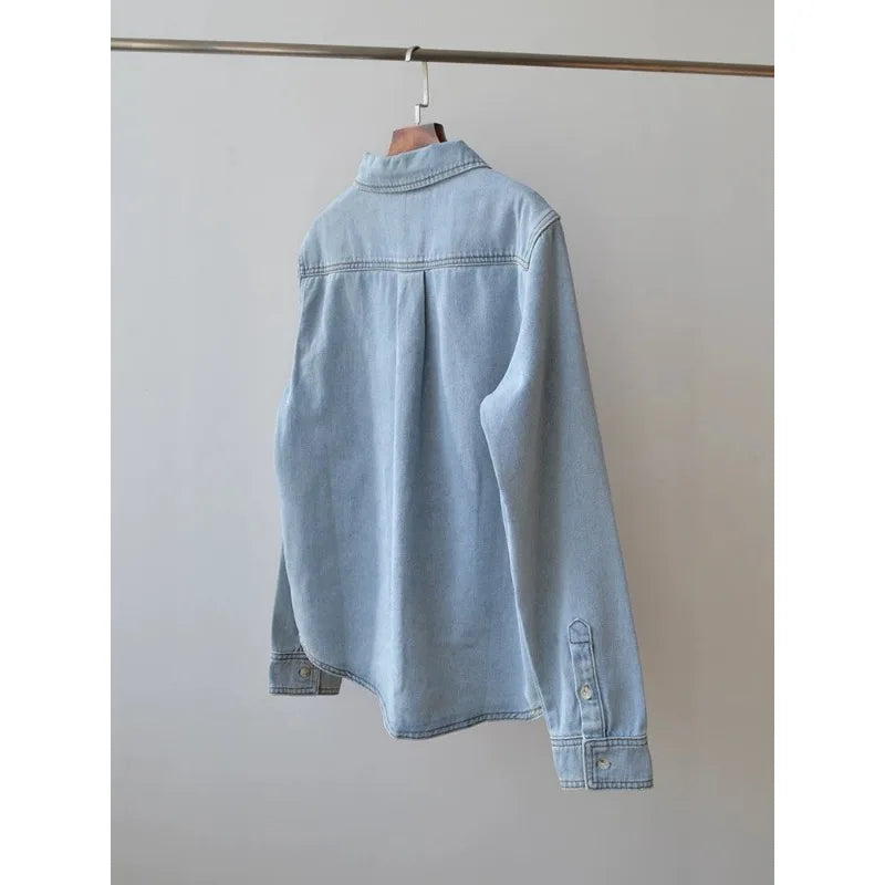 Cotton Jeans Set for Women Casual Versatile Long Sleeve Shirt High Waist Straight Leg Pants