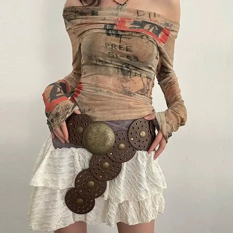 Vintage Rivet Patchwork Design Wide Belts For Women