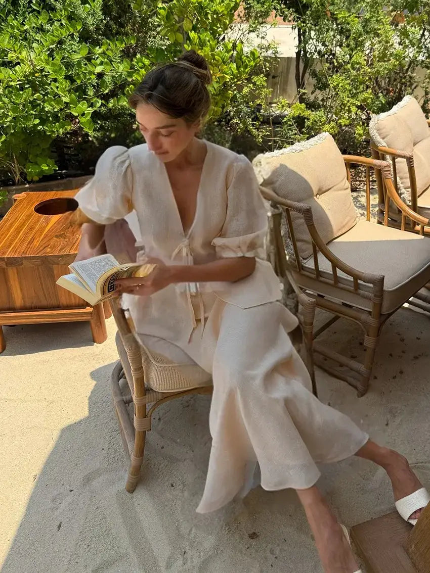 Dress Sets V-neck Lace-up Shirt Blouse A-line Long Skirt Suit