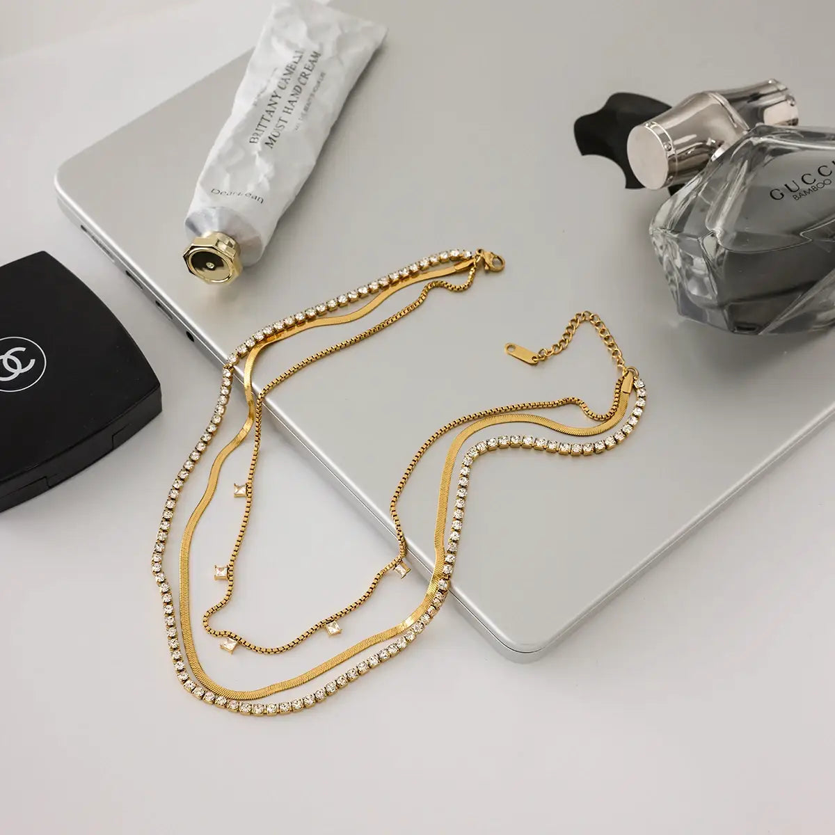 Stainless Steel Square White Zircon Pendant Necklace