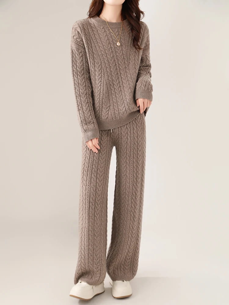 100% Wool Suit Women’s Pullover Sweater Knitting O-neck Wide Leg Pant