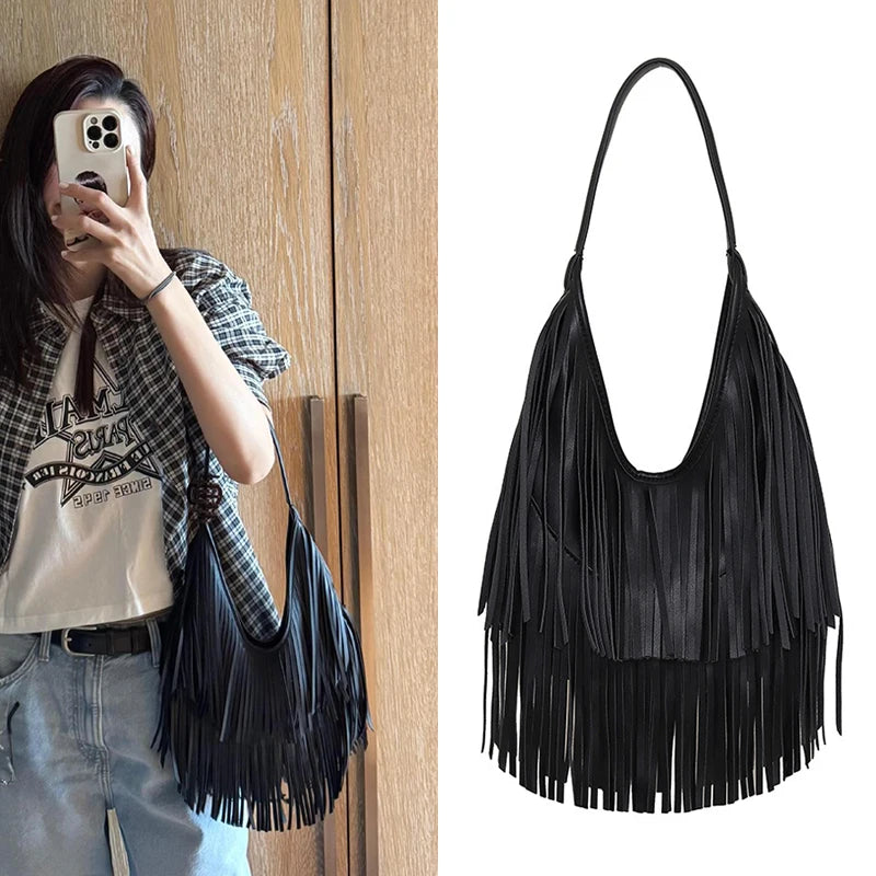 Tassel Large Capacity Brand Tote Bag Black Leather High Quality
