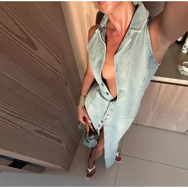 Long Dress For Women Turn-down Collar Sleeveless Single Breasted Front Split