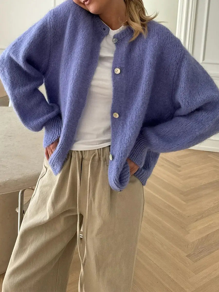 Women’s Solid Color Cardigan Fuzzy Long Sleeve Button Down Sweater