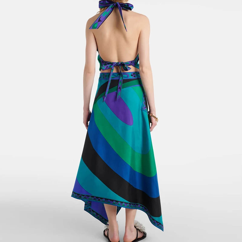 Vintage Lace Up Backless Halter Tops&Irregular Half Skirt 2 Piece