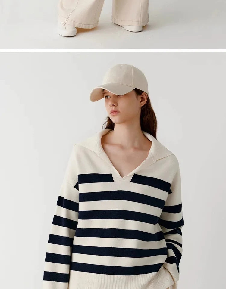 Loose Navy Collar Striped Cashmere Sweater