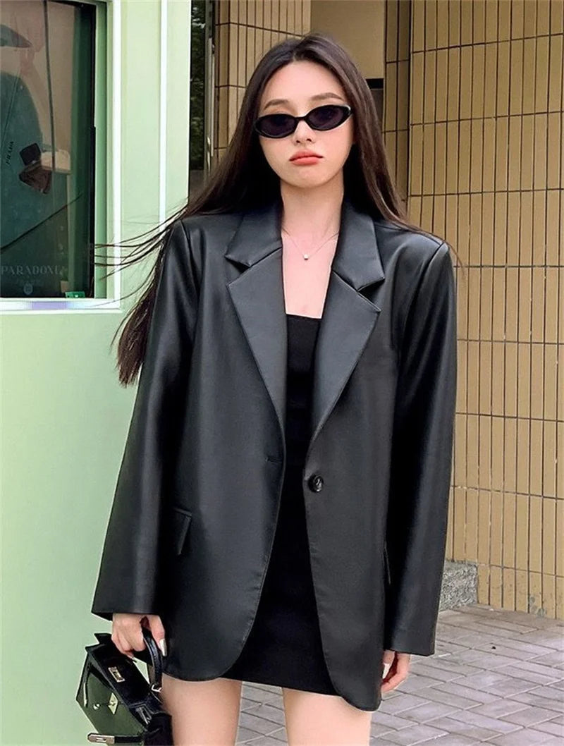 Women Black Soft PU Leather Blazer