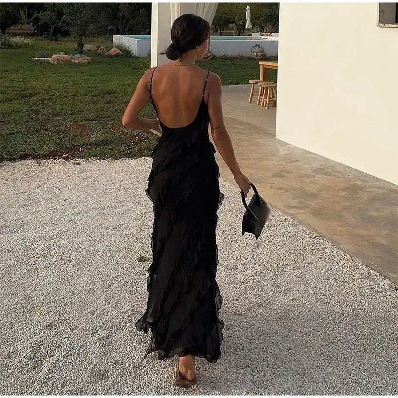 Women Black Stacked Ruffle Hem Long Dress