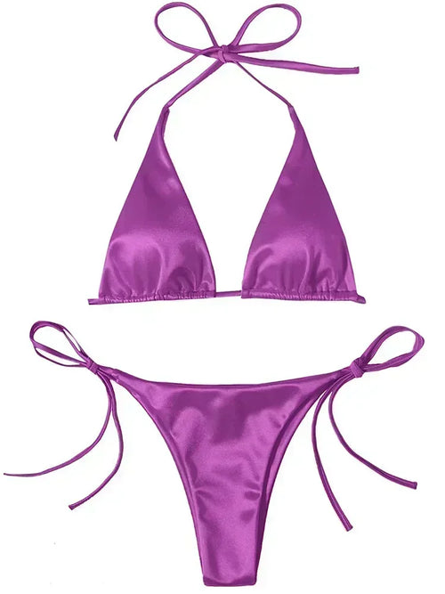 Halter Brazilian Metallic Satin Bikini Women Swimwear Female Swimsuit - Norellé