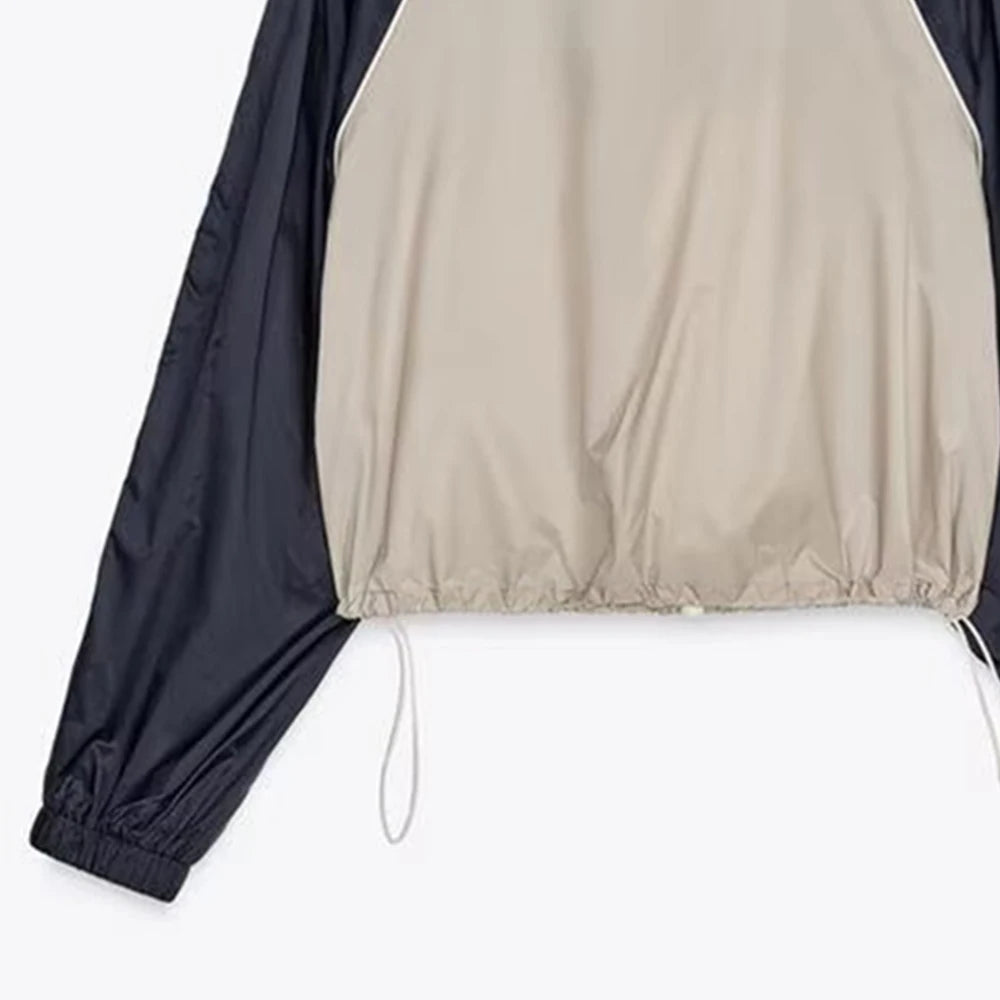 Women’s Color Blocked Short Style Stand up Collar Long Sleeve Pants Set