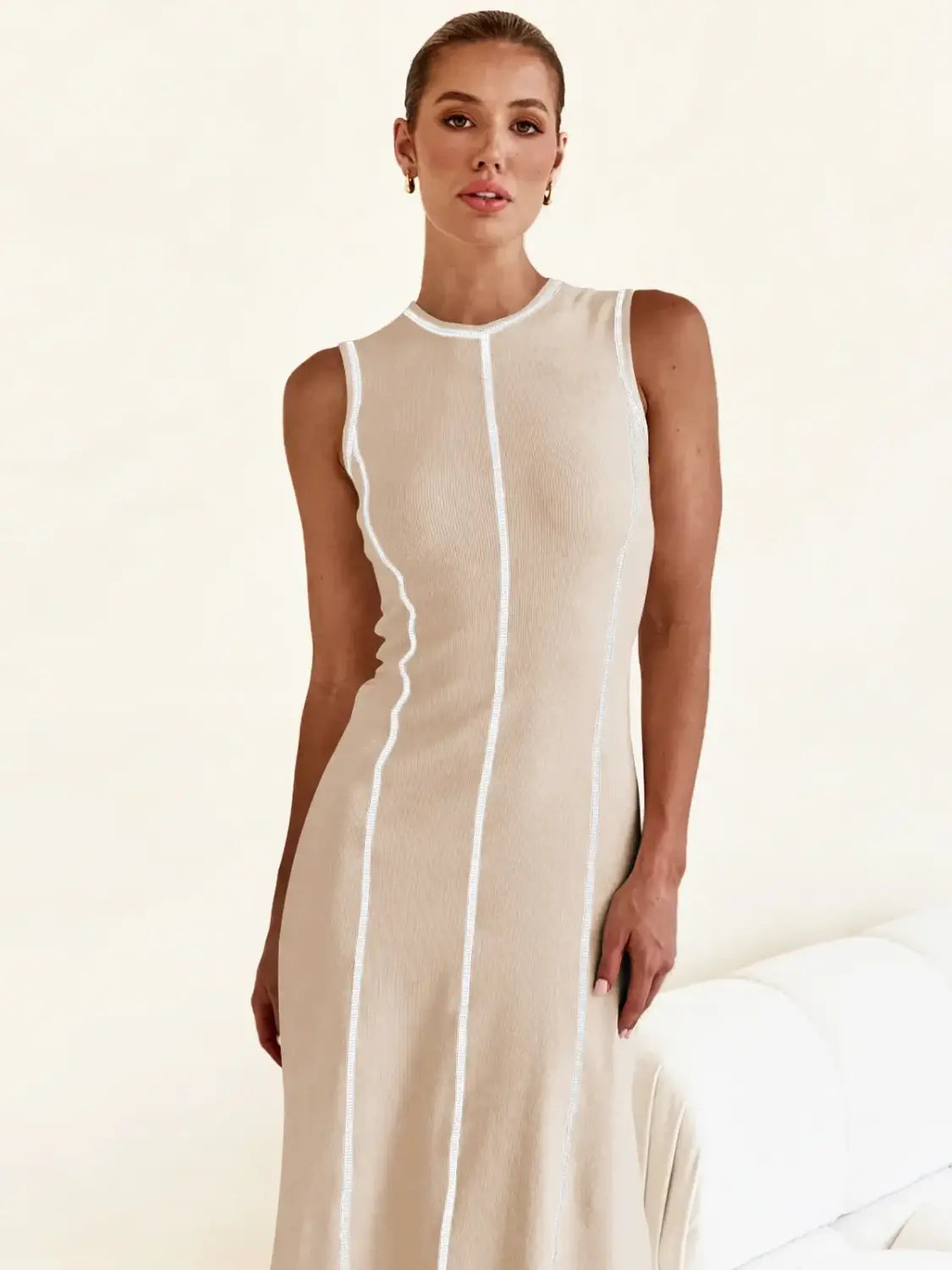 Women Clothing Knitted Long Skirt Simple Round Neck Sleeveless Female Vestidos