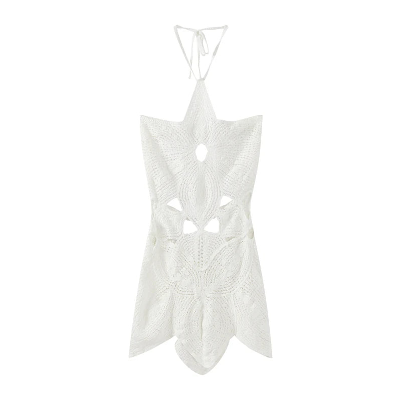 Hook Knit Beach Mini Dress Women Hollow Out Halter Sleeveless Backless Lace Up - Norellé