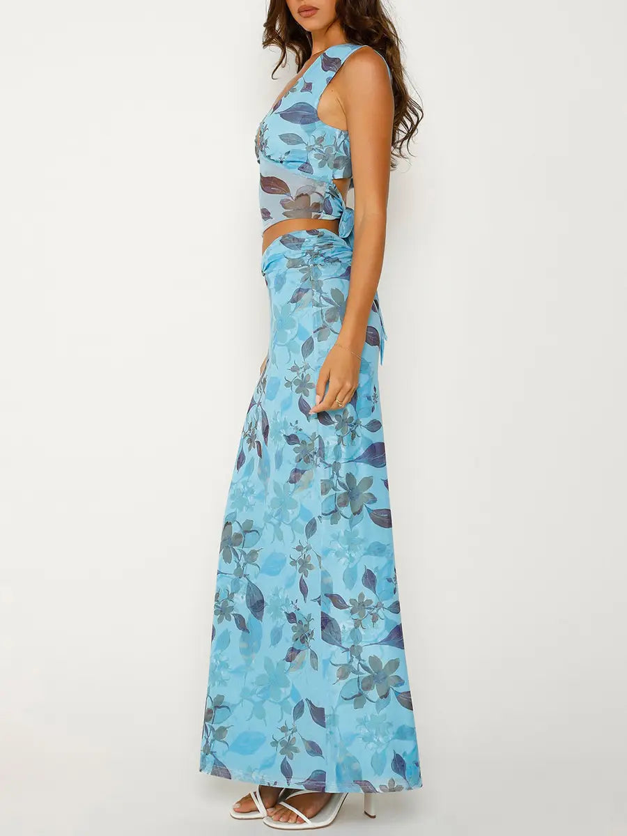 Vintage Women’s Floral Print V-Neck Slim Tank Tops + High Waist Long Skirt Set