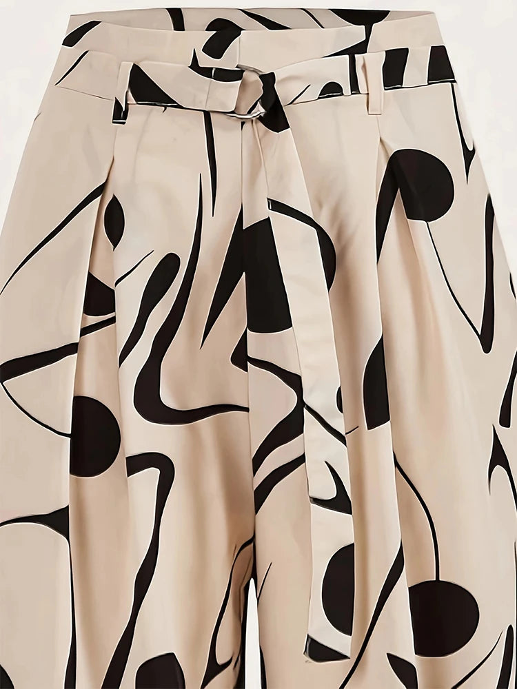 Ladies Abstract Print Belt Casual Wide Leg Pants
