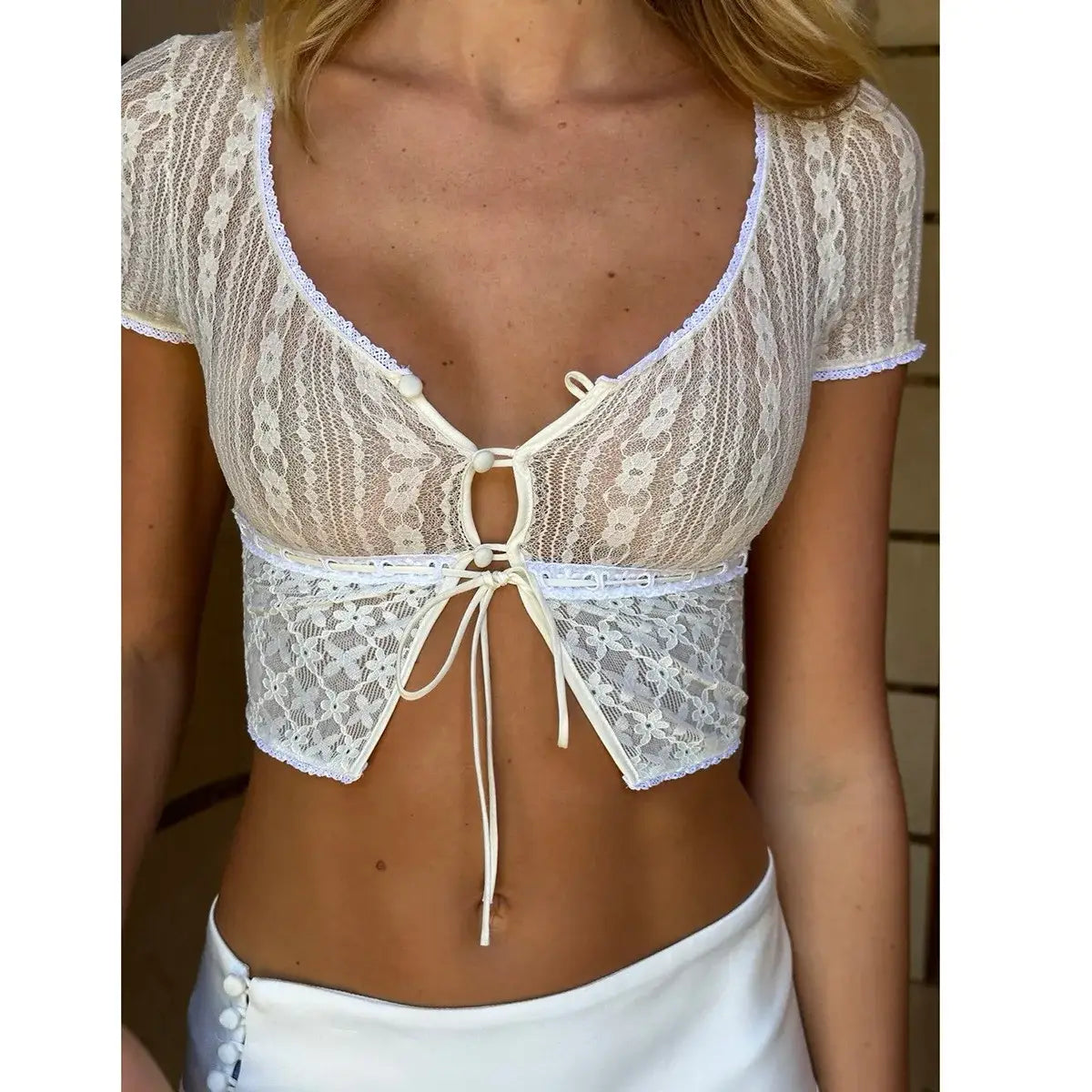 Lace V Neck Short Sleeve Crop Top