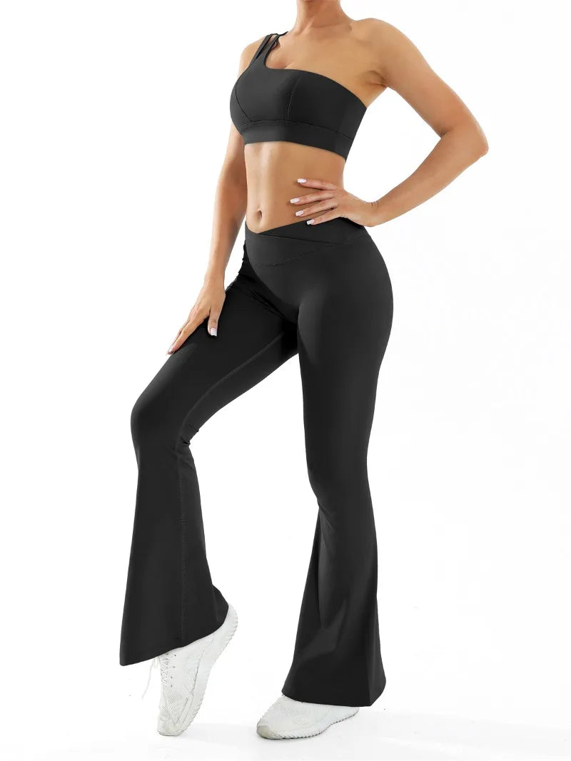 Women’s Seamless Yoga Set Naked Sensation Single Shoulder Bra & Breathable Quick-Dry Slim Pants