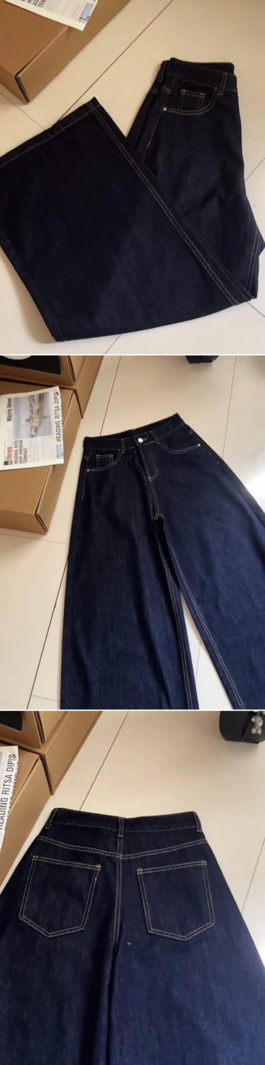 Casual Dark Blue Wide Leg Jeans Women Vintage Baggy High Waist