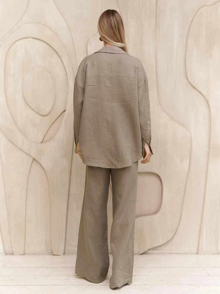 Long Sleeved Shirt Wide Leg Pants Set