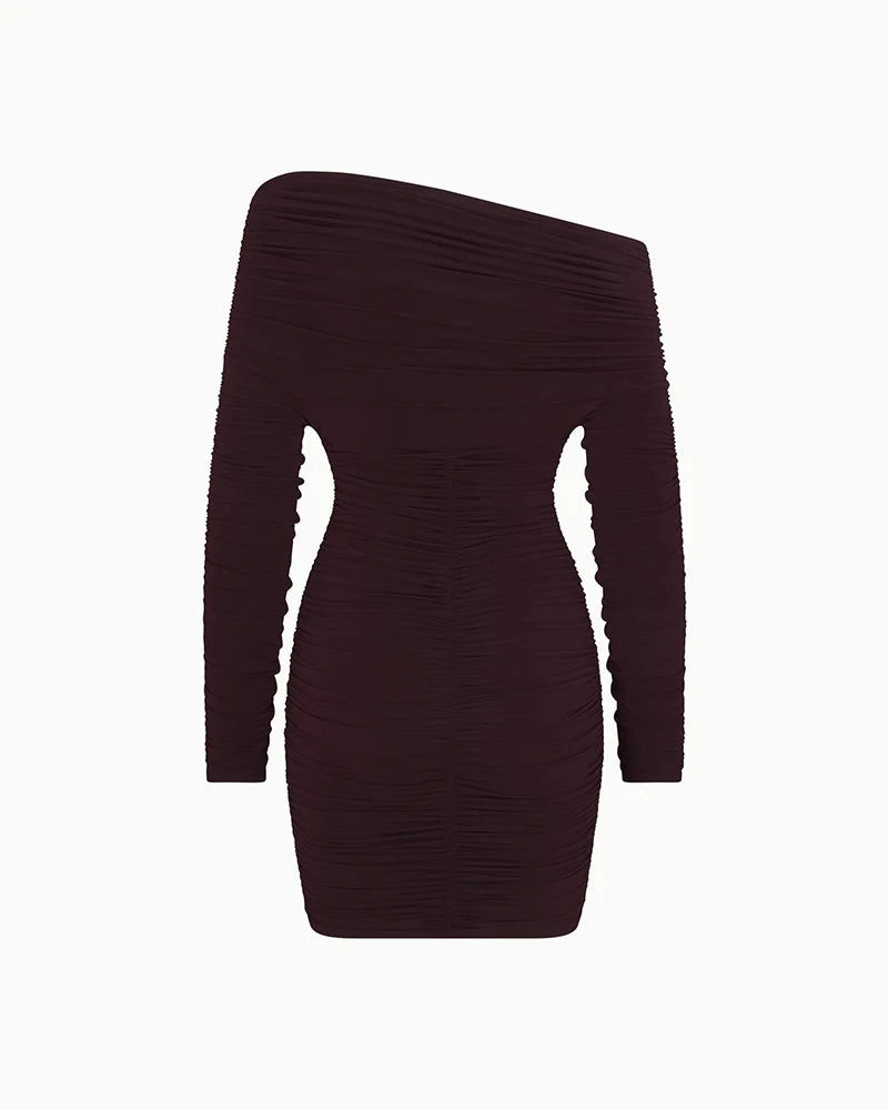 Inclined Shoulder Long Sleeve Mini Dress For Women