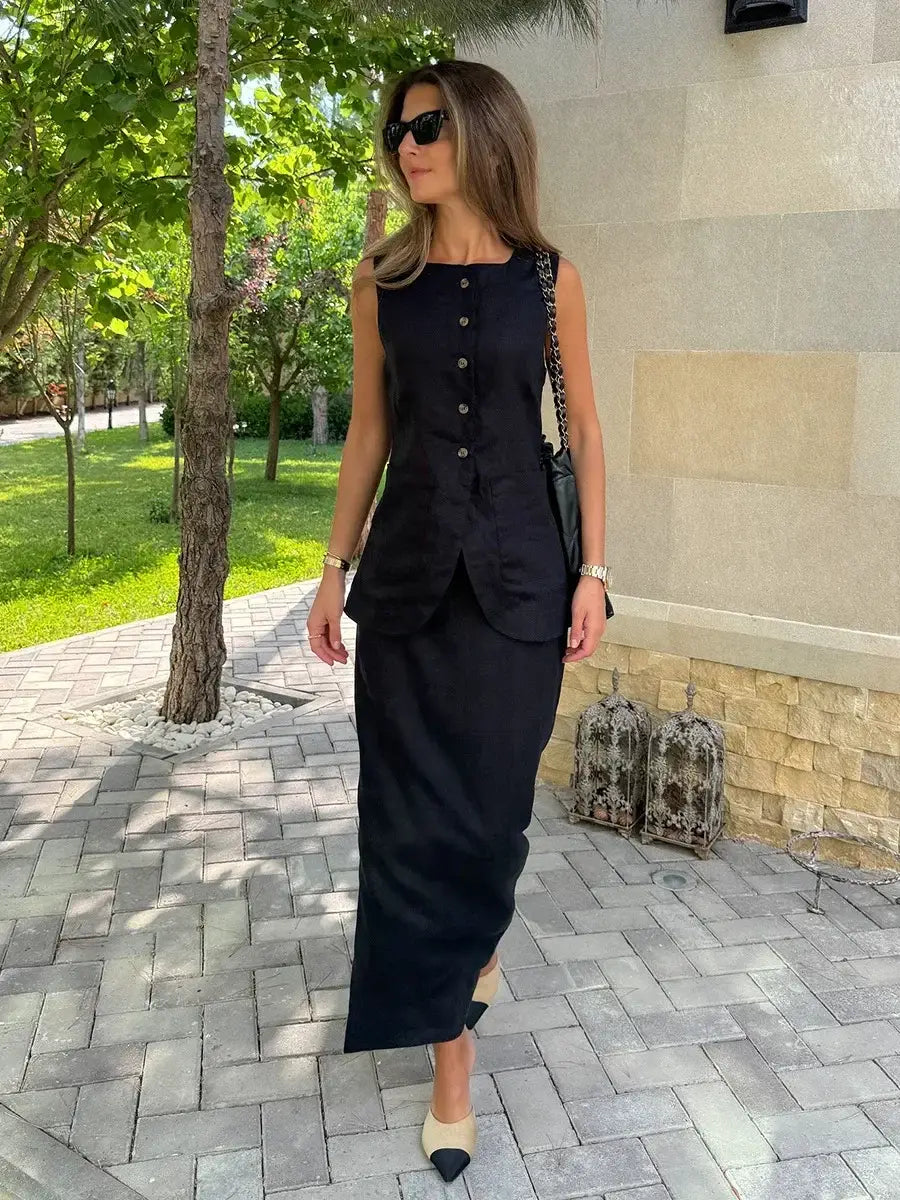 Women’s Sleeveless Vest High Waisted Skirt 2-Piece Set