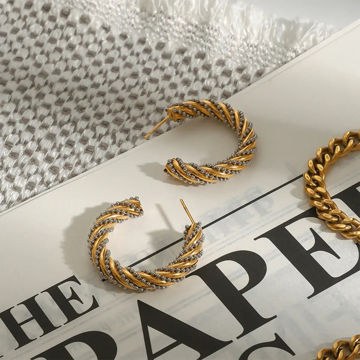 Stainless Steel Two color Fried Dough Twists Earrings