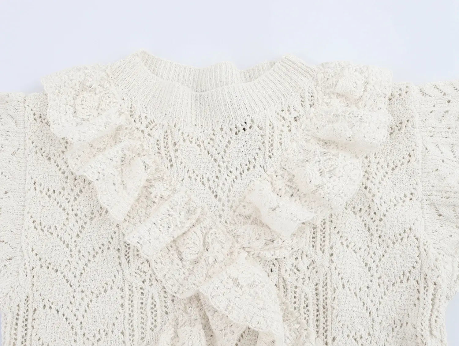 Women’s Hollow Out Knit Blouse Ruffled Round Neck Short Sleeves